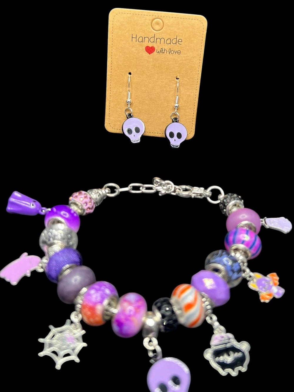 Ladies or kids Purple Skull Earrings & Charm Bracelet Set 💀🔮👻🕷️🕸️🦇